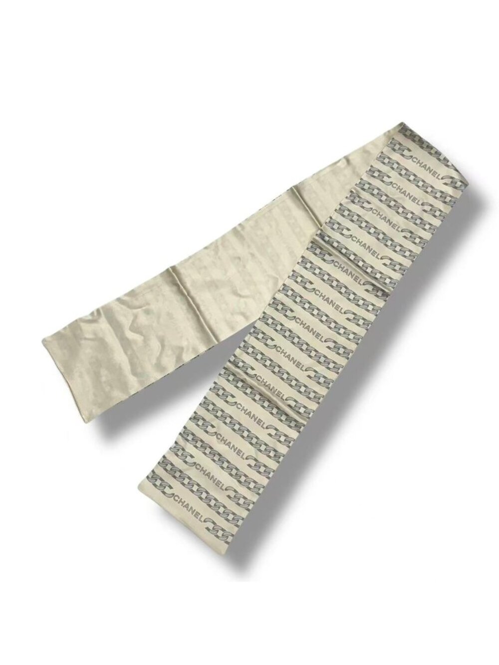 Chanel Vintage Shawl Silk Scarf Logo Chain Pattern Beige